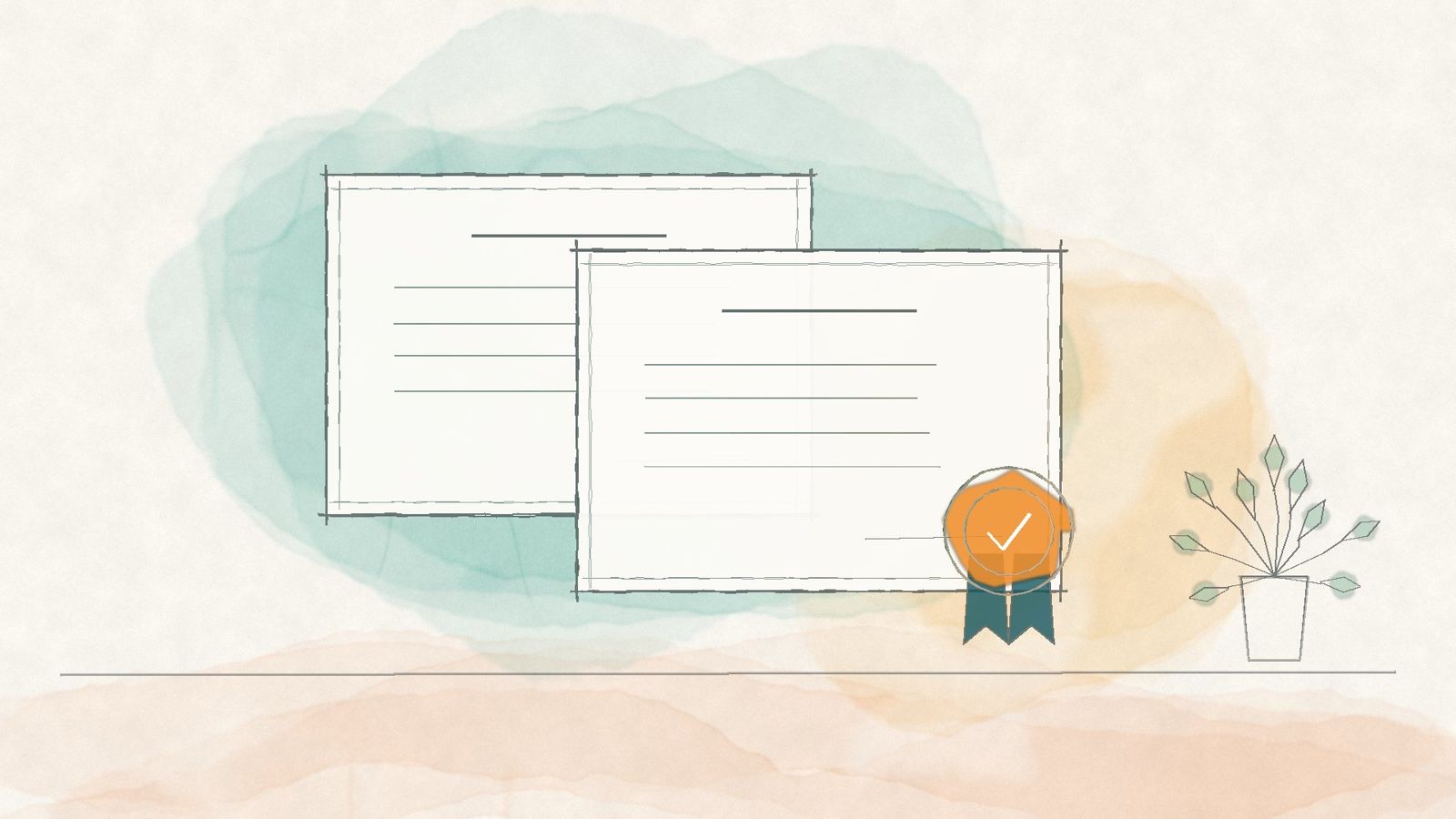 Watercolor sketch of two certificates with an orange seal