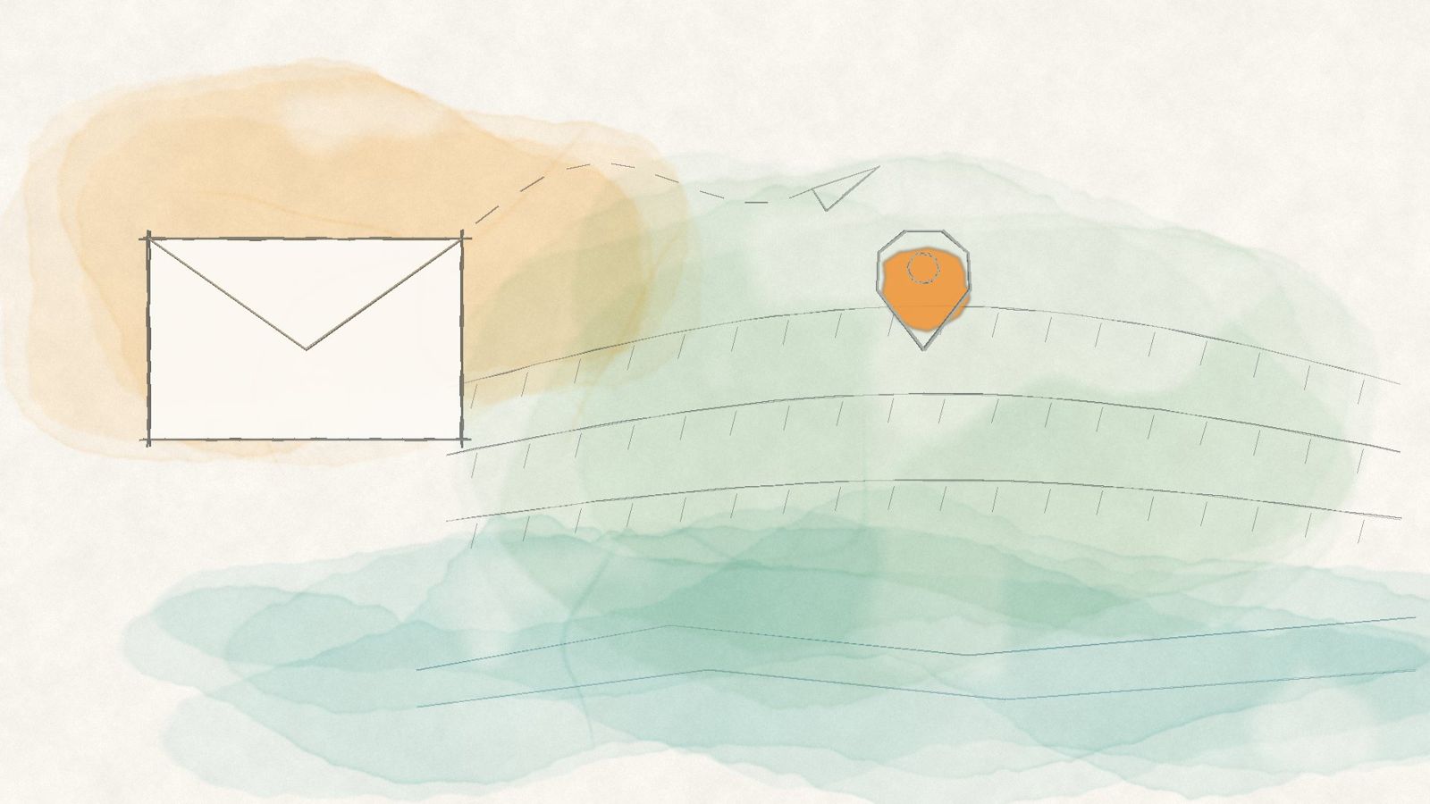 Watercolor sketch of an envelope and a map pin above vineyards on the Mosel