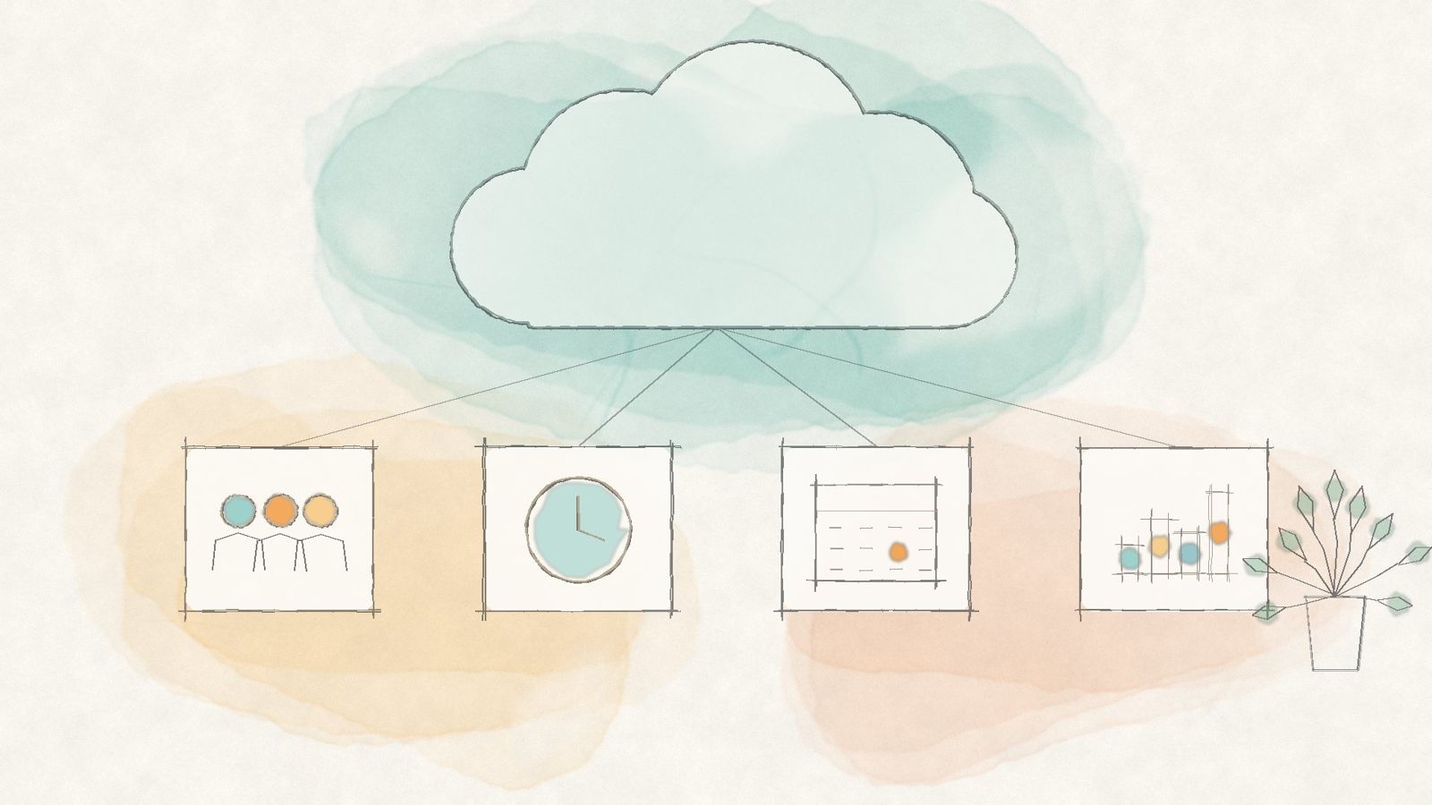 Watercolor sketch of a cloud connected to HR modules for people, time, absence and analytics